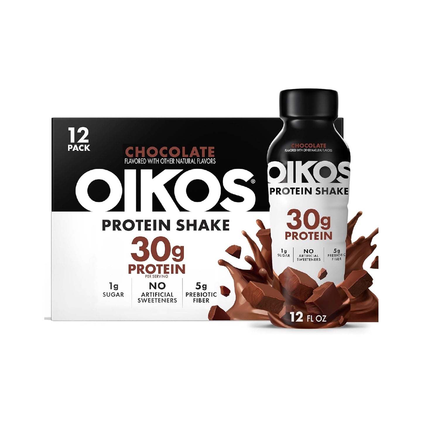 Oikos Protein Shake, 30g High Protein Drinks, Ready to Drink, 5g Prebiotic Fiber, 12 fl oz Bottle