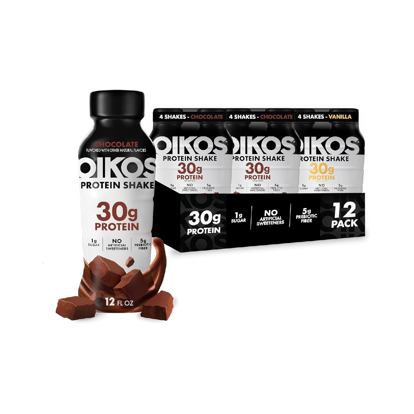 Oikos Protein Shake, 30g High Protein Drinks, Ready to Drink, 5g Prebiotic Fiber, 12 fl oz Bottle