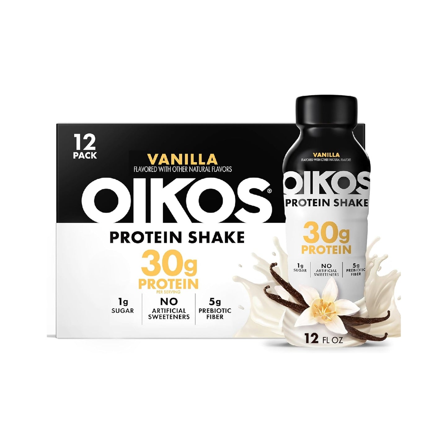 Oikos Protein Shake, 30g High Protein Drinks, Ready to Drink, 5g Prebiotic Fiber, 12 fl oz Bottle