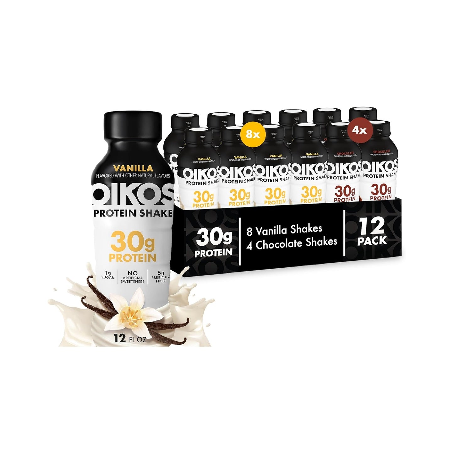 Oikos Protein Shake, 30g High Protein Drinks, Ready to Drink, 5g Prebiotic Fiber, 12 fl oz Bottle
